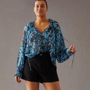 Anthropologie Blue Sheer Printed Peasant Blouse Sz XS